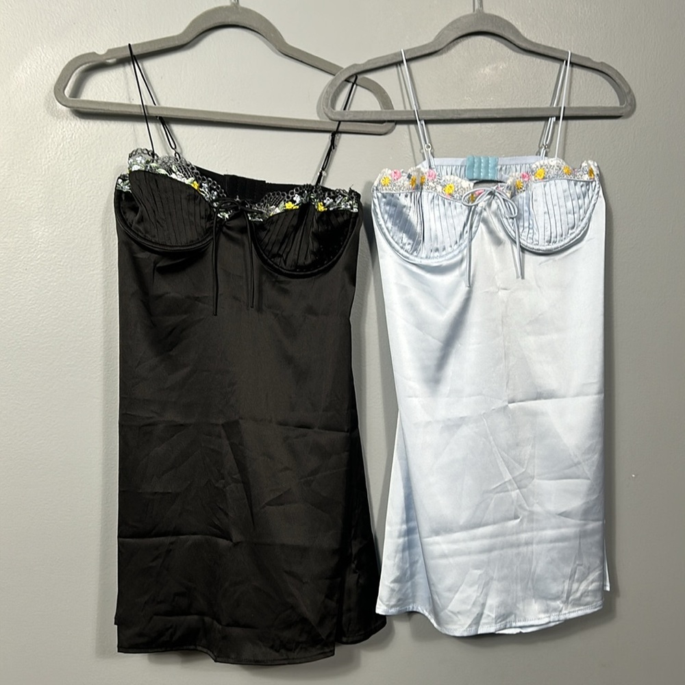 Two Short Adorable Satin Embroidered Chemise Nightie size Large- gently used